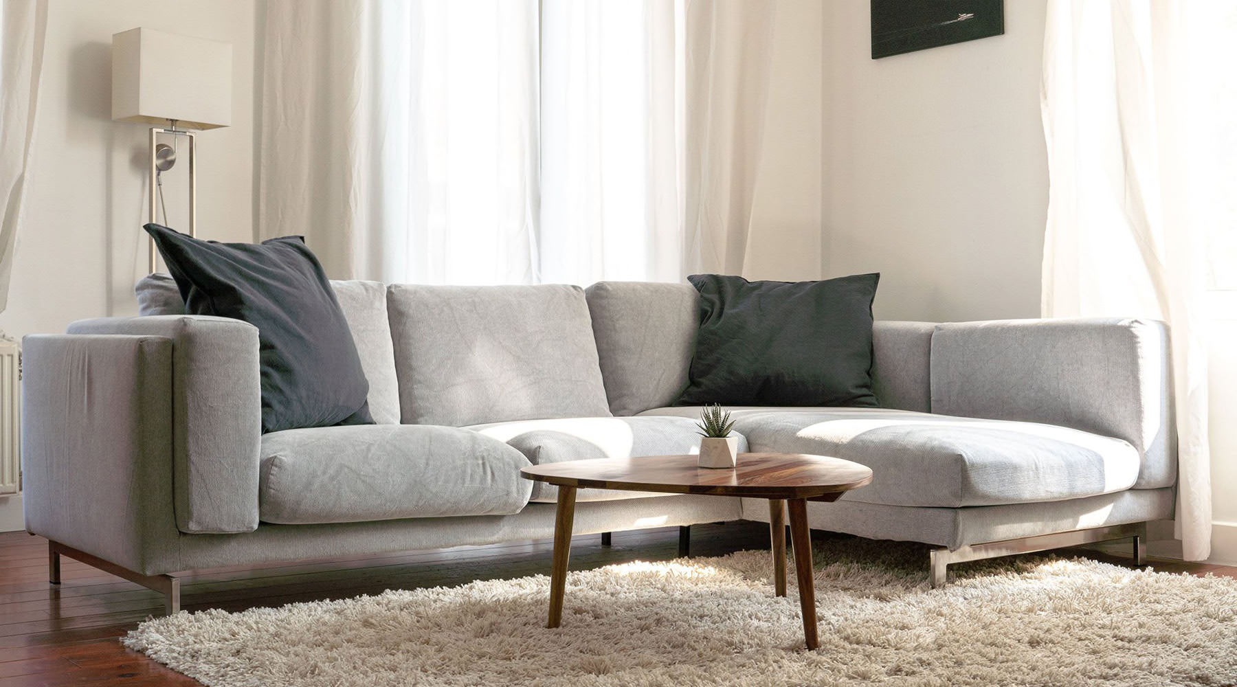 oversized windows brighten spacious, furnished living room