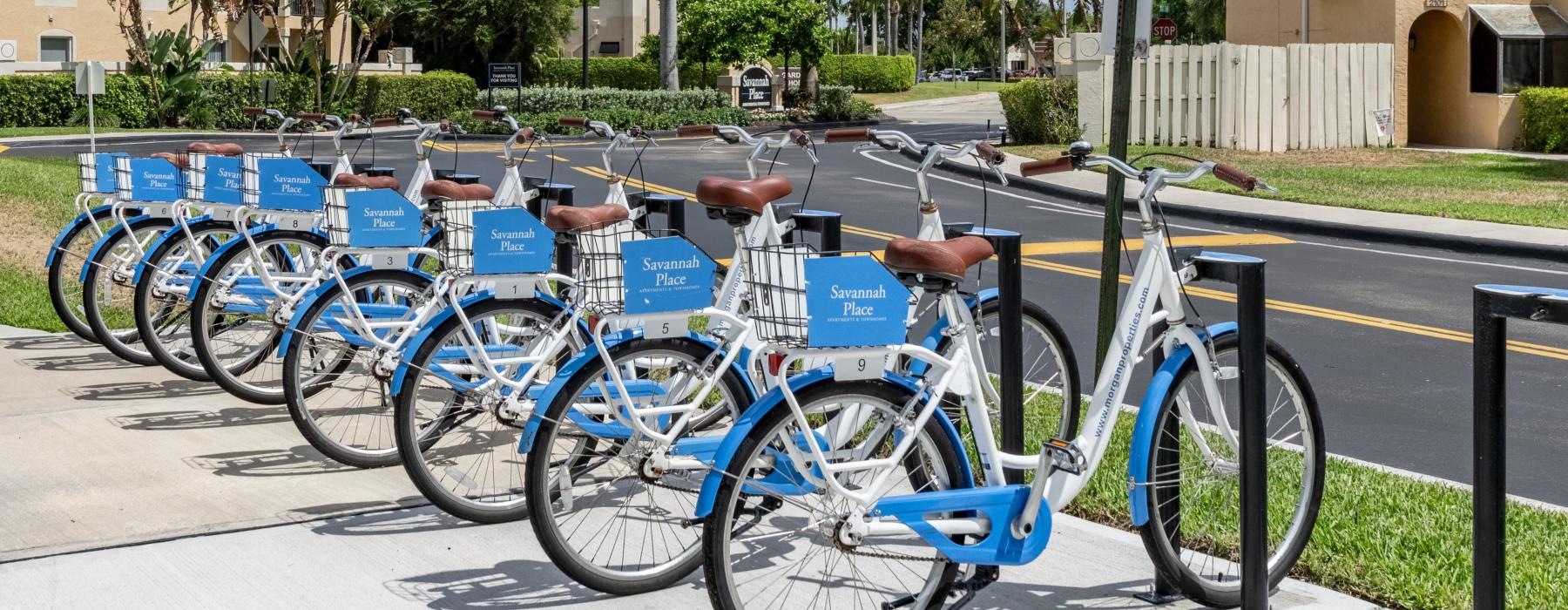 a row of bicycles parked on a sidewalk
